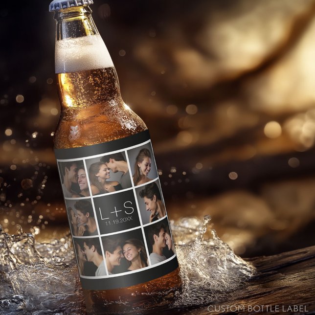 Create Your Own Wedding Photo Collage Monogram Beer Bottle Label (Custom Party Beer Label - Wedding Anniversary)