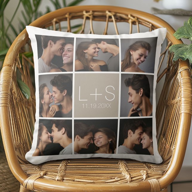 Create Your Own Wedding Photo Collage Monogram Cushion (Custom Anniversary Pillow)