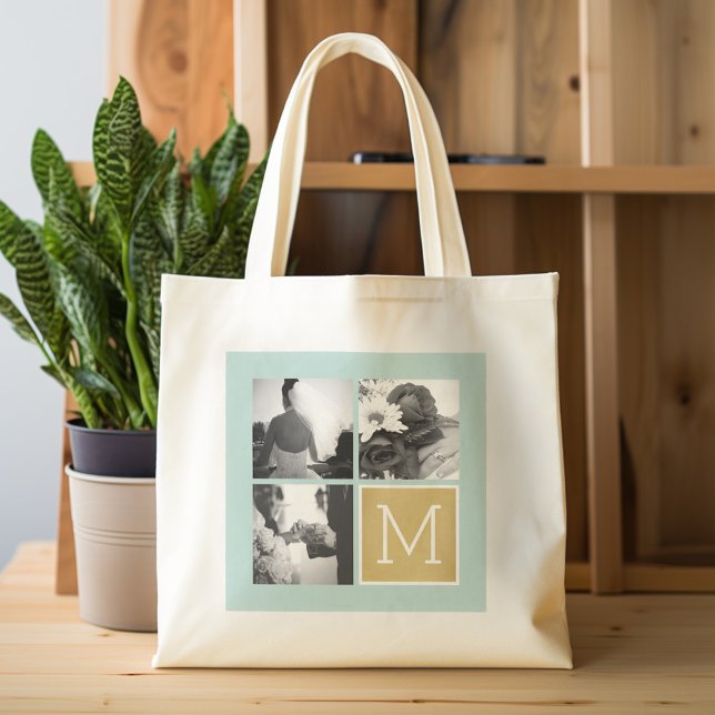 Create Your Own Wedding Photo Collage Monogram Large Tote Bag (Personalized Tote Bag - Wedding Photo Collage)