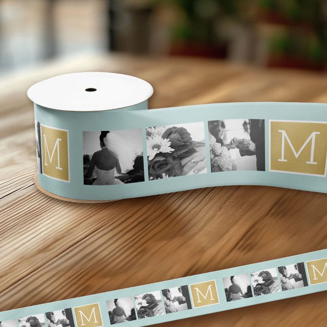 Create Your Own Wedding Photo Collage Monogram Satin Ribbon (Custom Wedding and Anniversary Ribbon - Add 3 Photos and a Monogram)