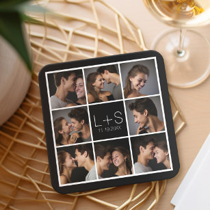 Create Your Own Wedding Photo Collage Monogram Square Paper Coaster