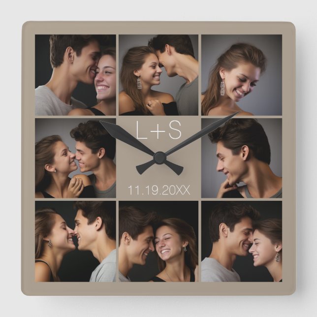 Create Your Own Wedding Photo Collage Monogram Square Wall Clock (Front)