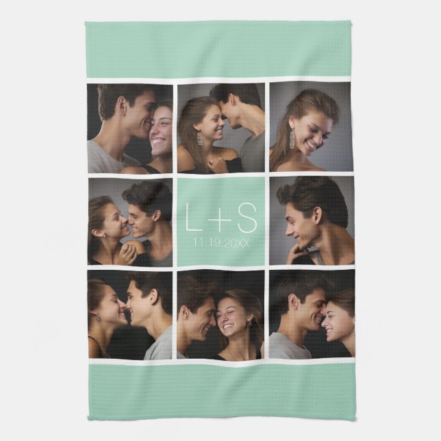 Create Your Own Wedding Photo Collage Monogram Tea Towel (Vertical)