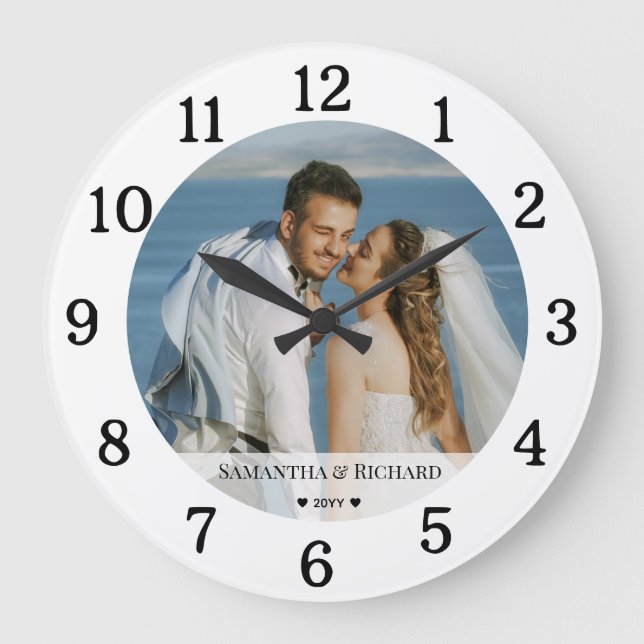 Create Your Own Wedding Photo Name Black And White Large Clock (Front)