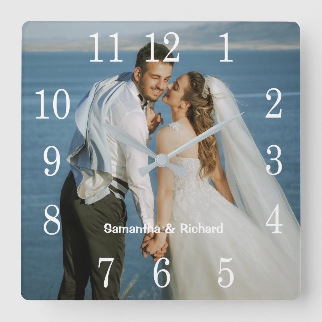 Create Your Own Wedding Photo Personalised Name Square Wall Clock (Front)