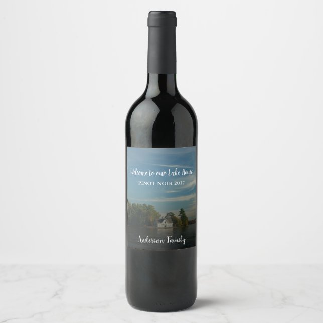 Create your own welcome family lake summer house wine label (Front)