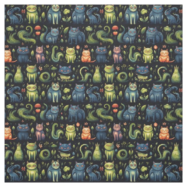 Create Your Own Whimsical Fantasy Cats Meadow Fabric (Swatch)