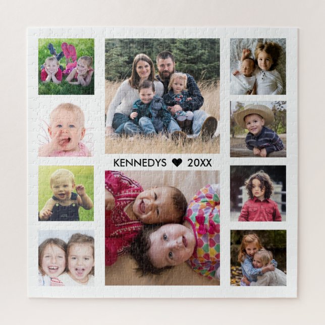 Create Your Own White 10 Photo Collage Family Name Jigsaw Puzzle (Vertical)