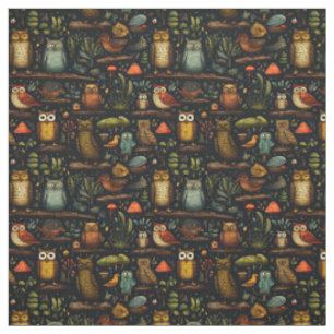 Create Your Own Wild Forest Owls Birds Black Fabric