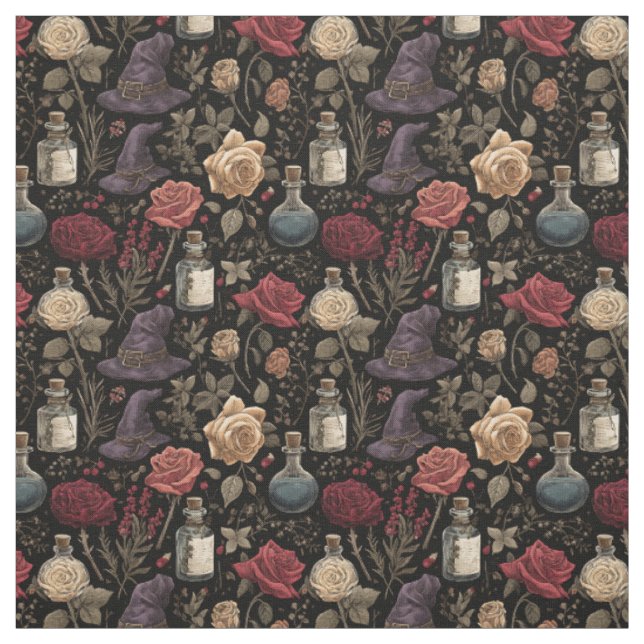 Create Your Own Witchy Ivory Coral Red Roses Fabric (Swatch)