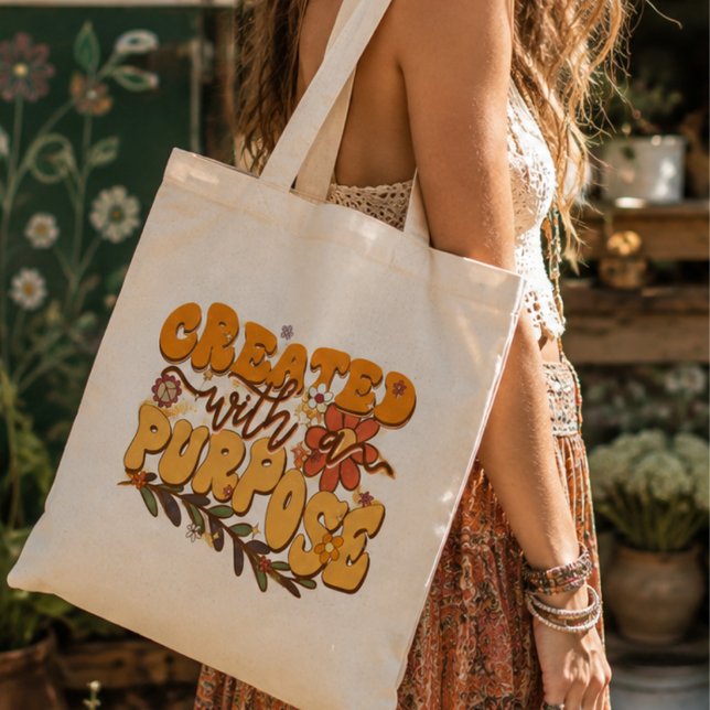 Created with a Purpose, Boho Aesthetic, Retro Vibe Tote Bag (Creator Uploaded)