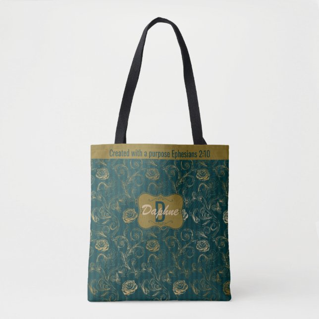 Created With A Purpose Ephesians 2:10 Floral Tote Bag (Front)