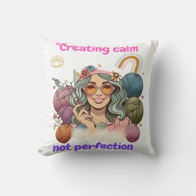 Creating calm, not perfection - Retro knitting gir Cushion (Front)