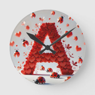 Creative Alphabet Letter A with Heart Shapes Round Clock
