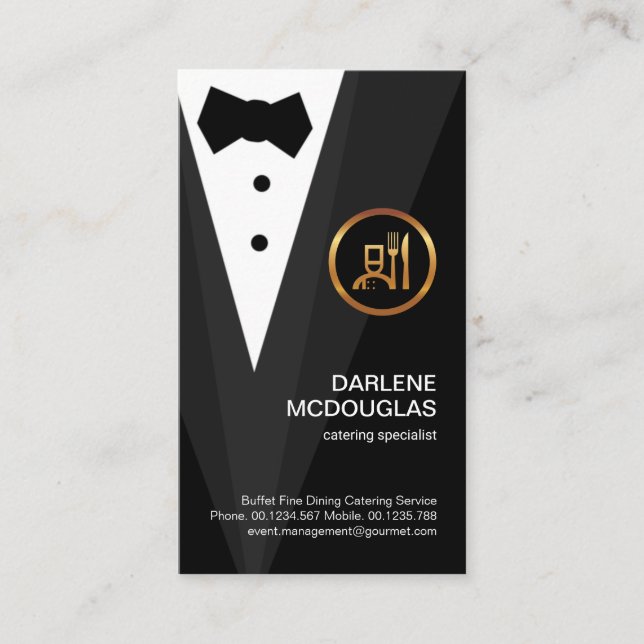 Creative Black Tuxedo Gold Boutonniere Business Card (Front)