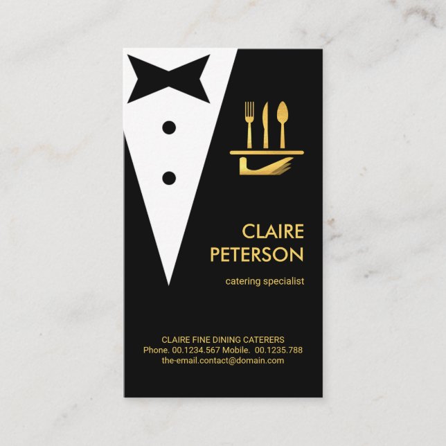 Creative Black Tuxedo Gold Butler Boutonniere Business Card (Front)