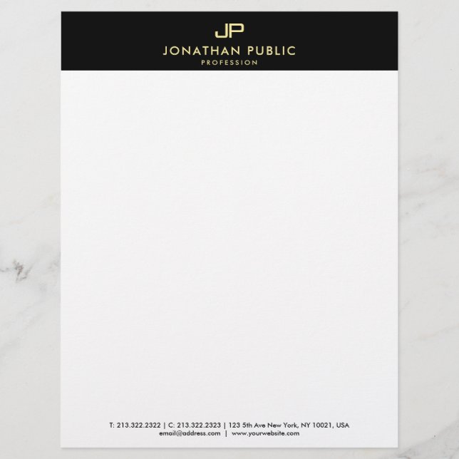 Creative Black White Gold Monogram Simple Modern Custom Letterhead (Front)