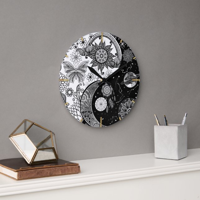 Creative Black white Yin Yang Night Day Mandala Large Clock (Office)