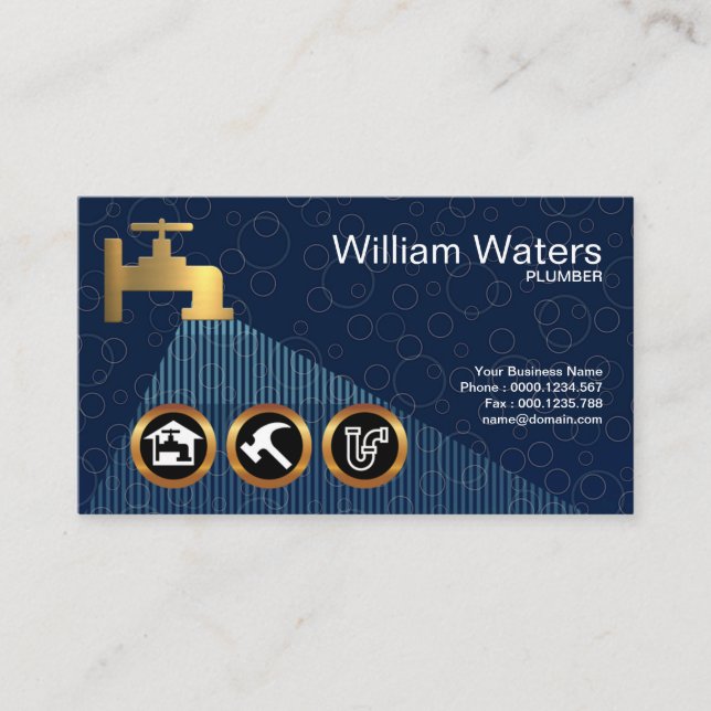Creative Blue Bubbles Plumber's Flowing Icons Tap Business Card (Front)