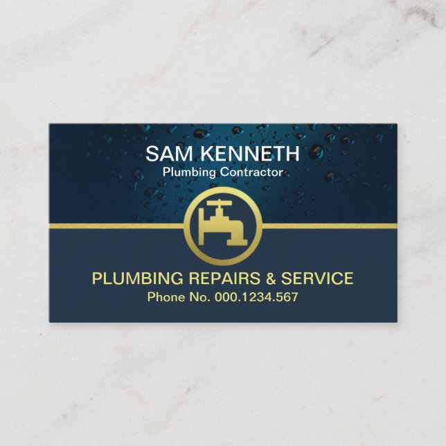 Creative Blue Water Drop Gold Faucet Plumber Business Card (Front)