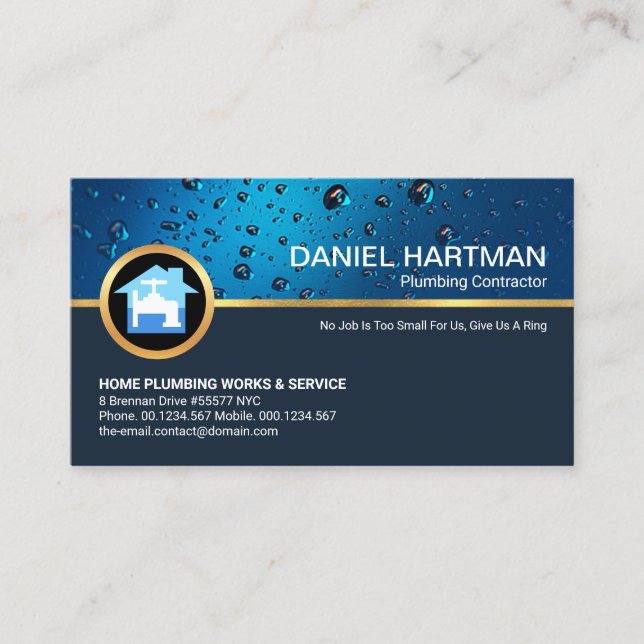 Creative Blue Water Drop Gold Faucet Plumbing Business Card (Front)