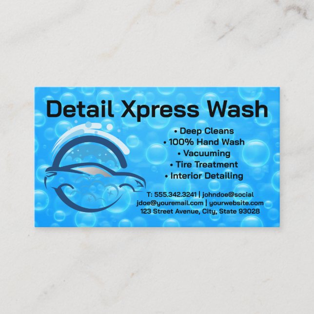 Creative Car Wash Logo Design | Water Bubbles Business Card (Front)