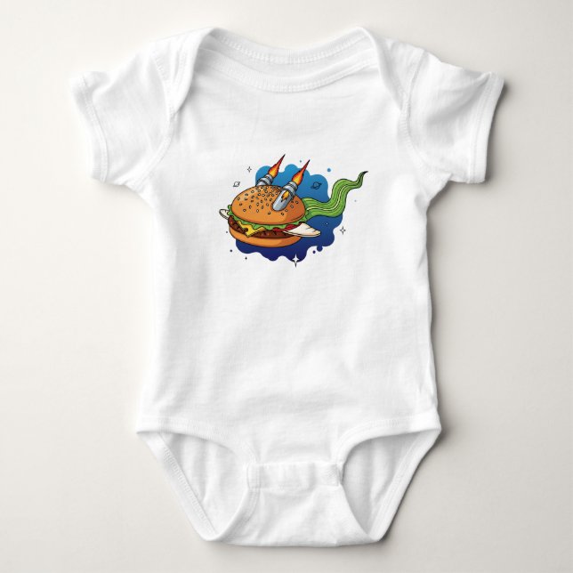 Creative Cartoon Burger Rocket Ship in Space Illus Baby Bodysuit (Front)