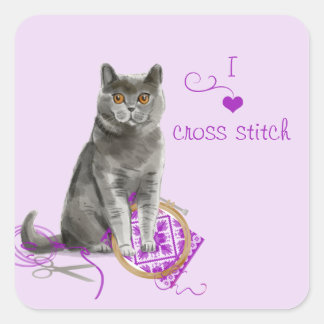 Creative Cat with Embroidery Hoop Sewing Square Sticker