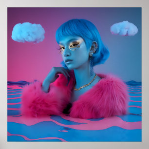 Creative collage girl in pink fur coat poster