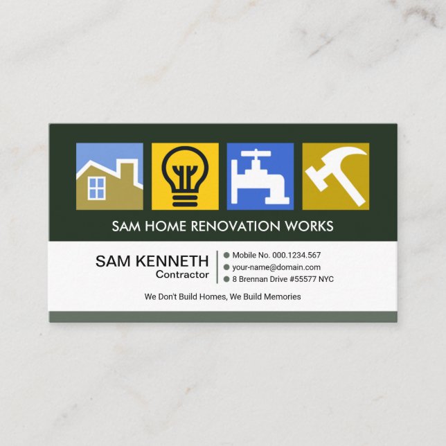Creative Colorful Construction Symbols Contractor Business Card (Front)