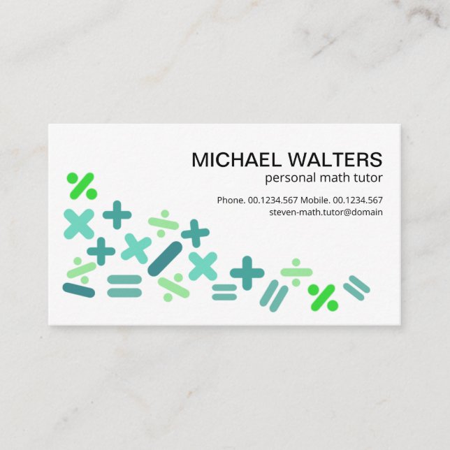 Creative Colourful Math Symbols Motif Tutor Business Card (Front)