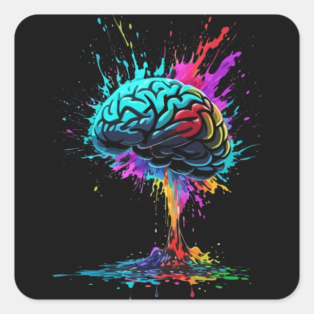 Creative Colourful Splash Brain Design Square Sticker (Front)