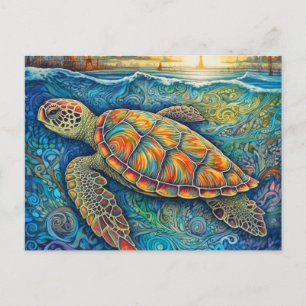 Creative Colourful Swimming Tortoise Illustration Postcard