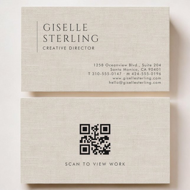 Creative Director Luxury Neutral Linen QR Code Business Card (Creator Uploaded)