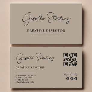 Creative Director Neutral Taupe Script QR Code Business Card