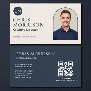 Creative Director Photo QR Code Navy Blue Business Card