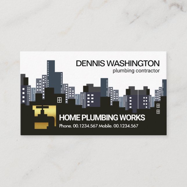 Creative Downtown City Skyline Gold Faucet Plumber Business Card (Front)