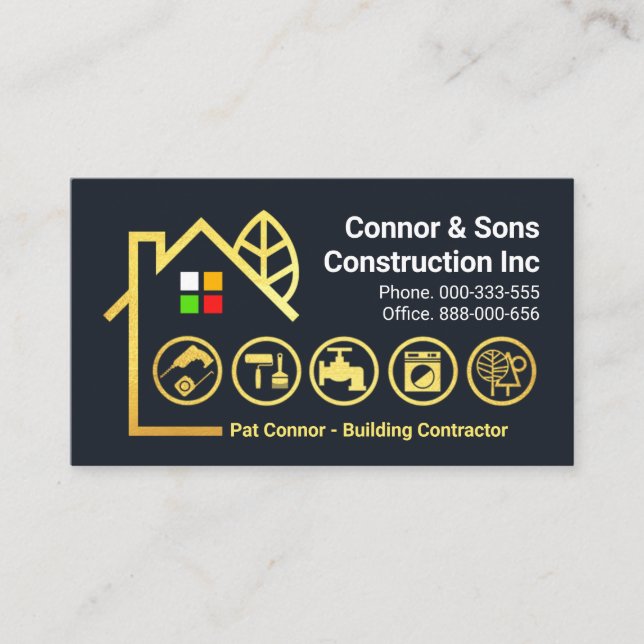 Creative Gold Building Tools Landscape Business Card (Front)