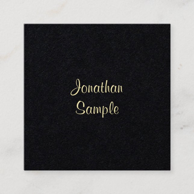 Creative Gold Handwritten Script Font Modern Black Square Business Card (Front)
