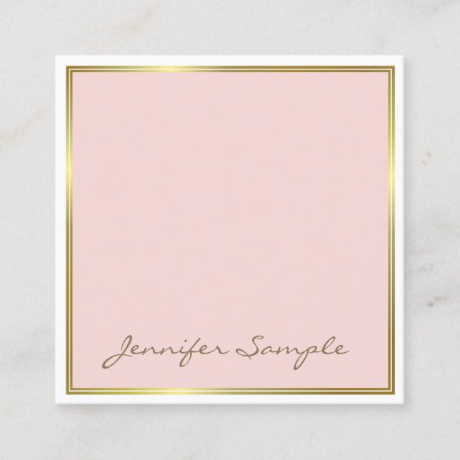 Creative Gold Pink Hand Script Font Text Modern Square Business Card (Front)