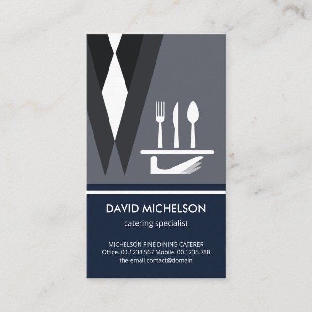 Creative Grey Suit Cutlery Waiter Food Server  Business Card (Front)