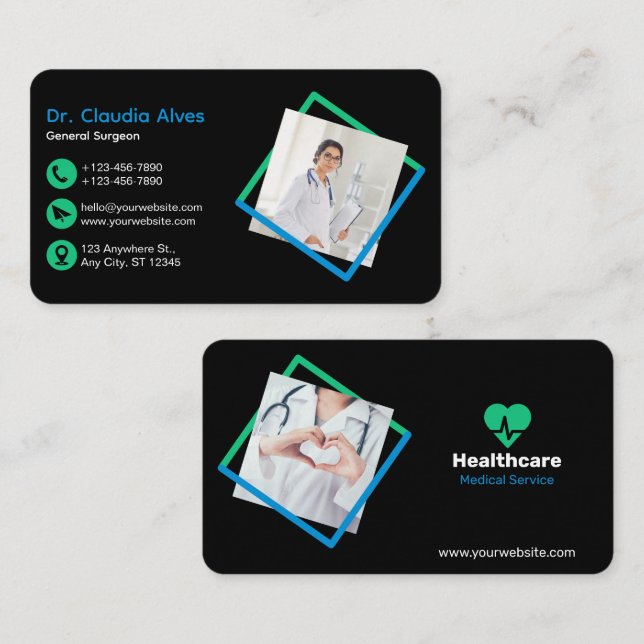 Creative Modern Medical Service Black Business Card (Front/Back)