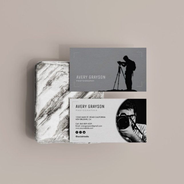 Creative Modern Photographer White and Grey Business Card (Creator Uploaded)