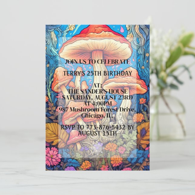 Creative Mushroom Illustration Birthday Party Invitation (Standing Front)