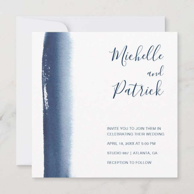 Creative Navy Blue Watercolor Brushstroke Wedding Invitation (Front)