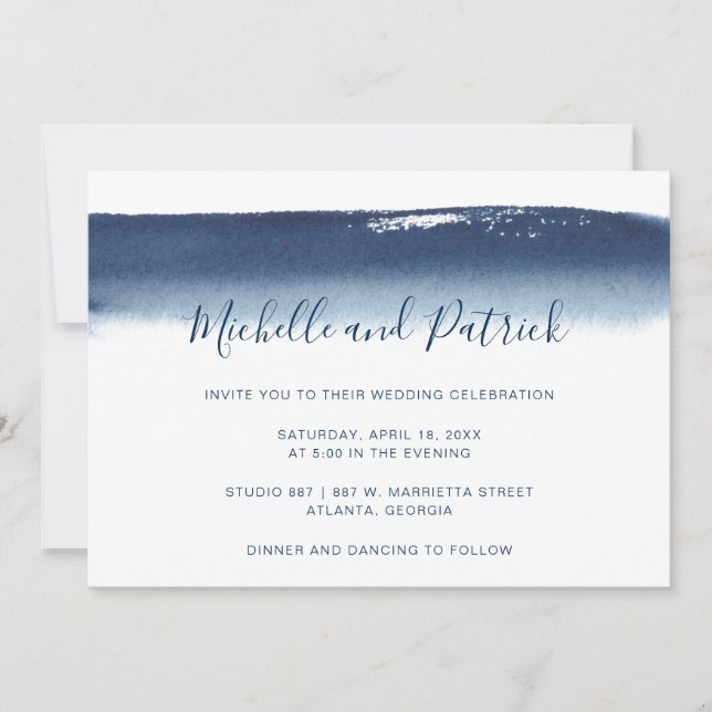 Creative Navy Blue Watercolor Brushstroke Wedding Invitation (Front)