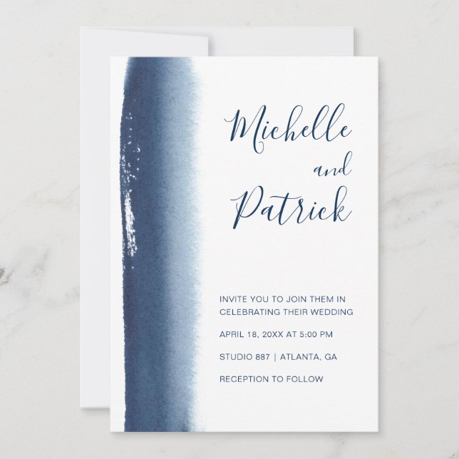 Creative Navy Blue Watercolor Brushstroke Wedding Invitation (Front)