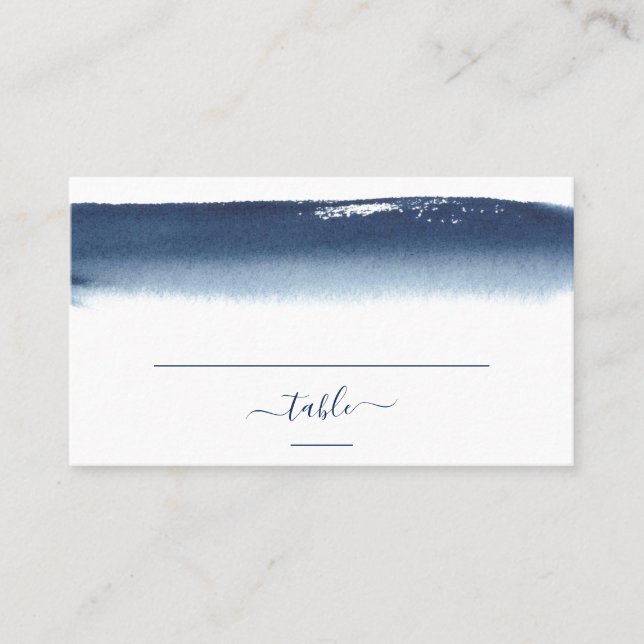 Creative Navy Blue Watercolor Brushstroke Wedding Place Card (Front)