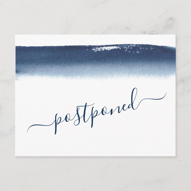 Creative Navy Blue Watercolor Wedding Postponement Announcement Postcard (Front)