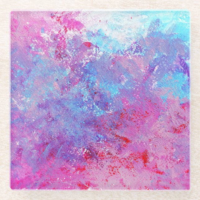 Creative pink-blue texture, paint blots. glass coaster (Front)